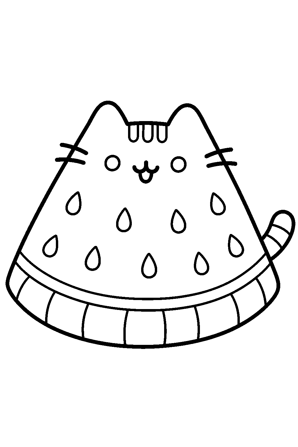 pusheen as a watermelon slice with seeds and a striped rind line art