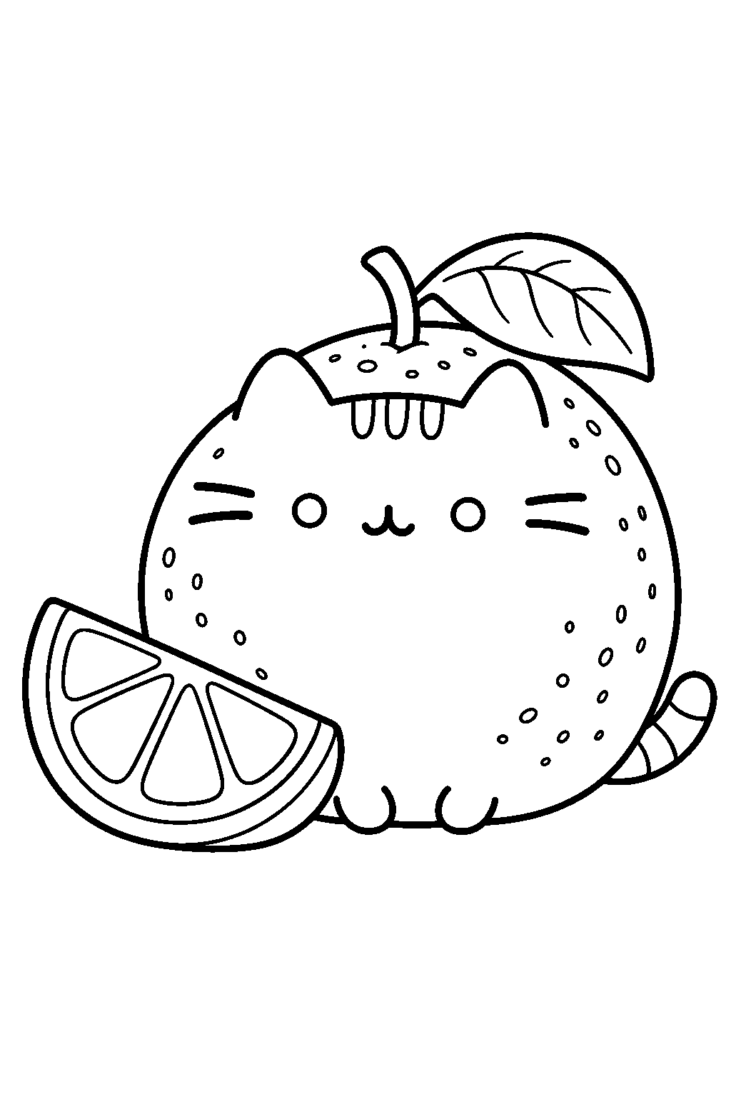 pusheen as an orange with a leaf and a citrus slice beside her line art