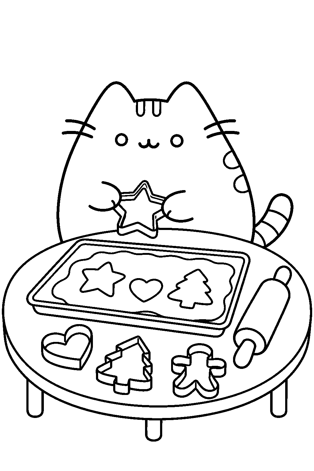 pusheen baking cookies with cookie cutters and a tray of dough line art