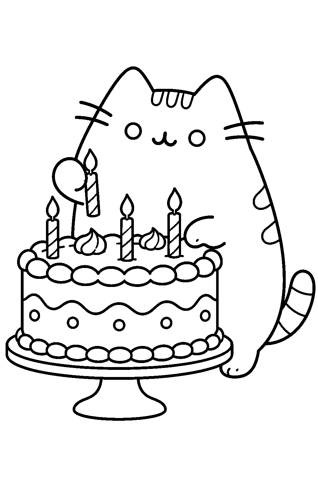 pusheen decorating a birthday cake with candles line art