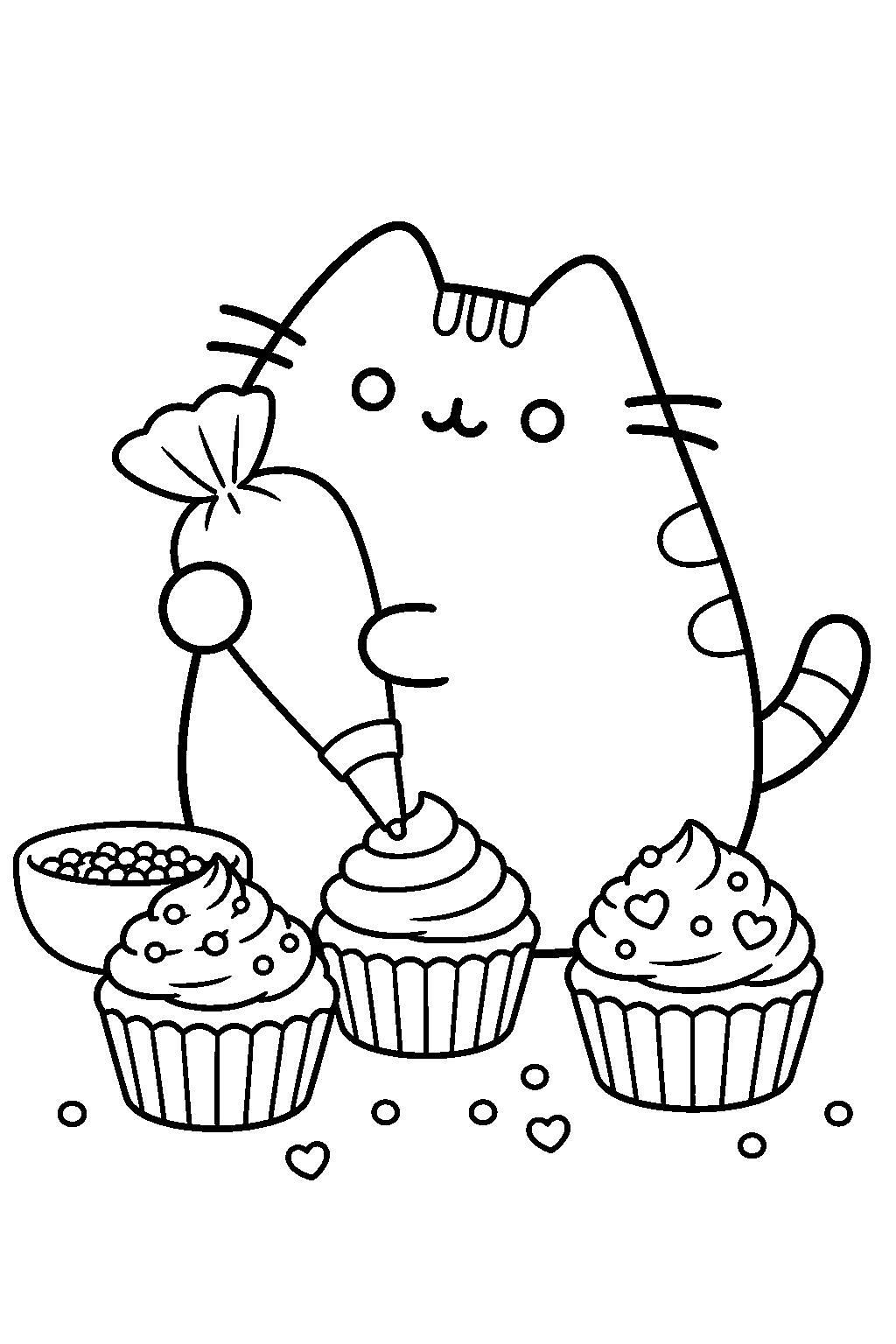pusheen decorating cupcakes with a piping bag line art