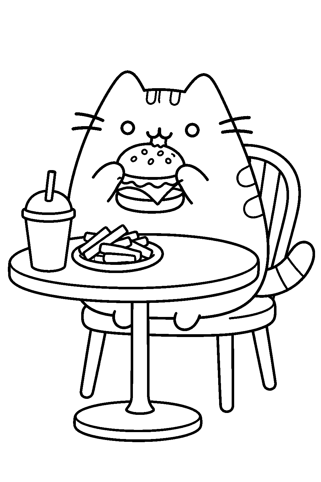 pusheen eating a cheeseburger at a cafe table line art