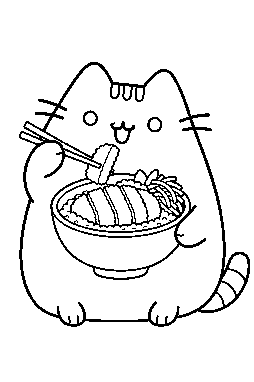 pusheen eating a katsu rice bowl line art