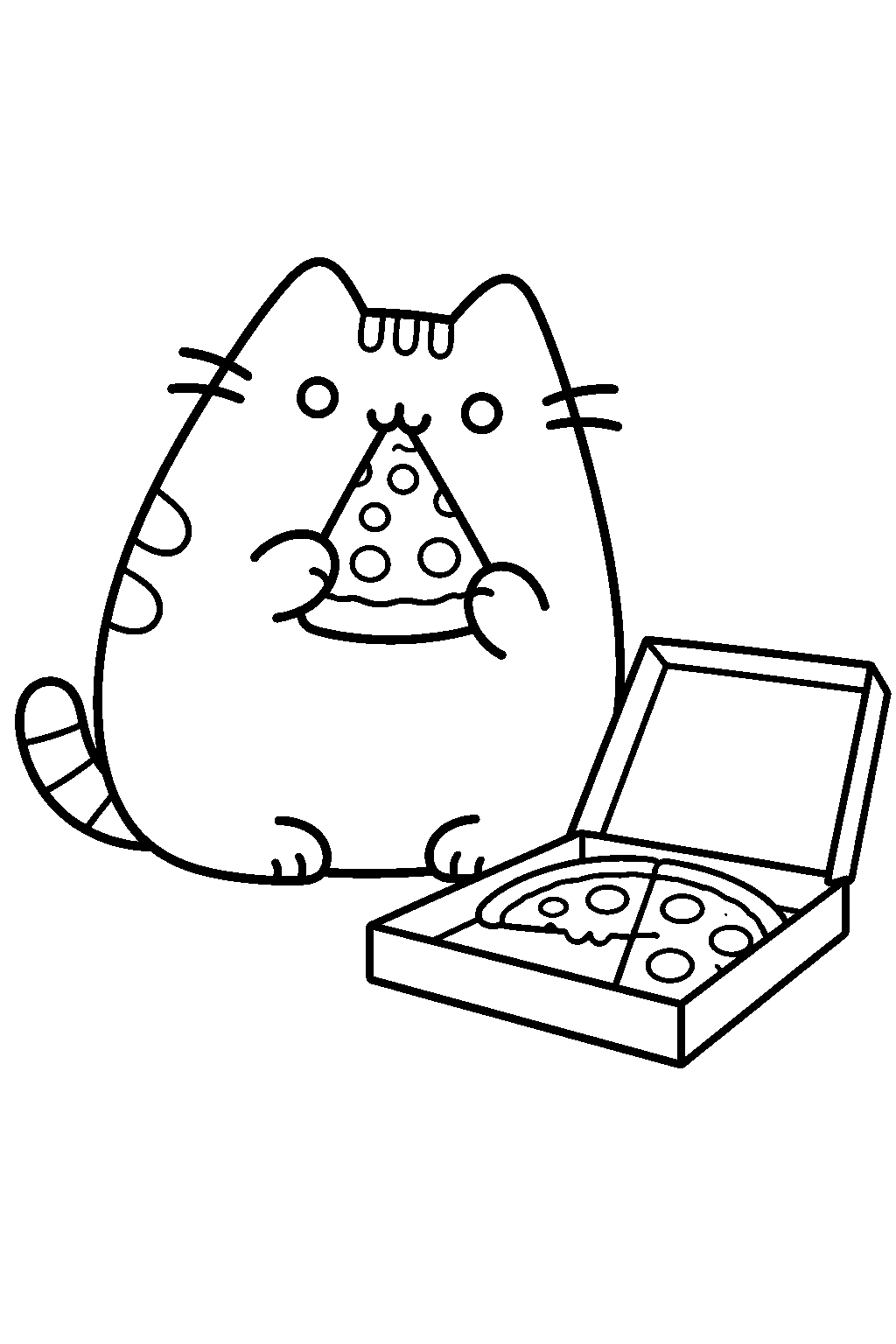 pusheen eating a pizza slice beside an open pizza box line art