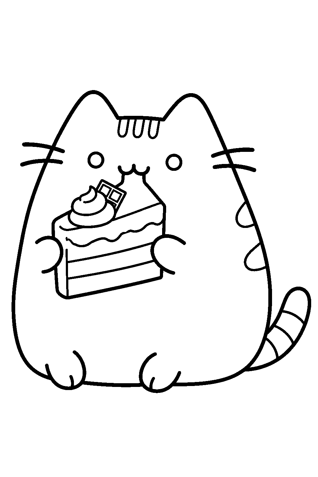 pusheen eating a slice of chocolate layer cake line art