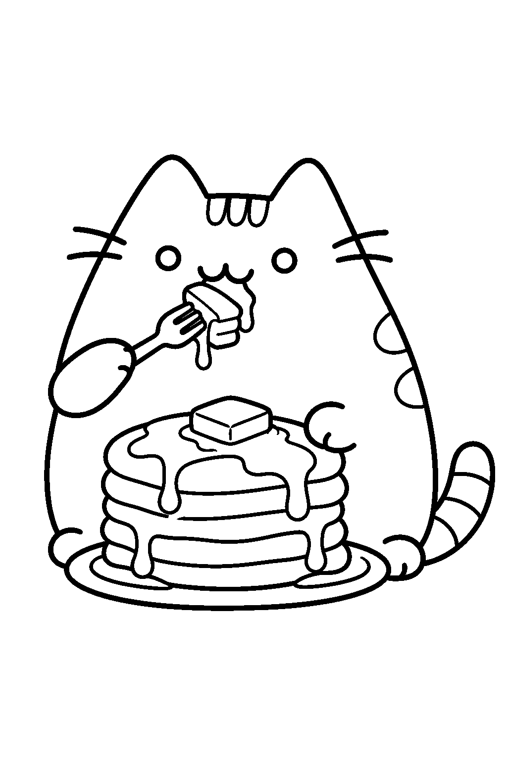 pusheen eating a stack of pancakes with butter and syrup line art