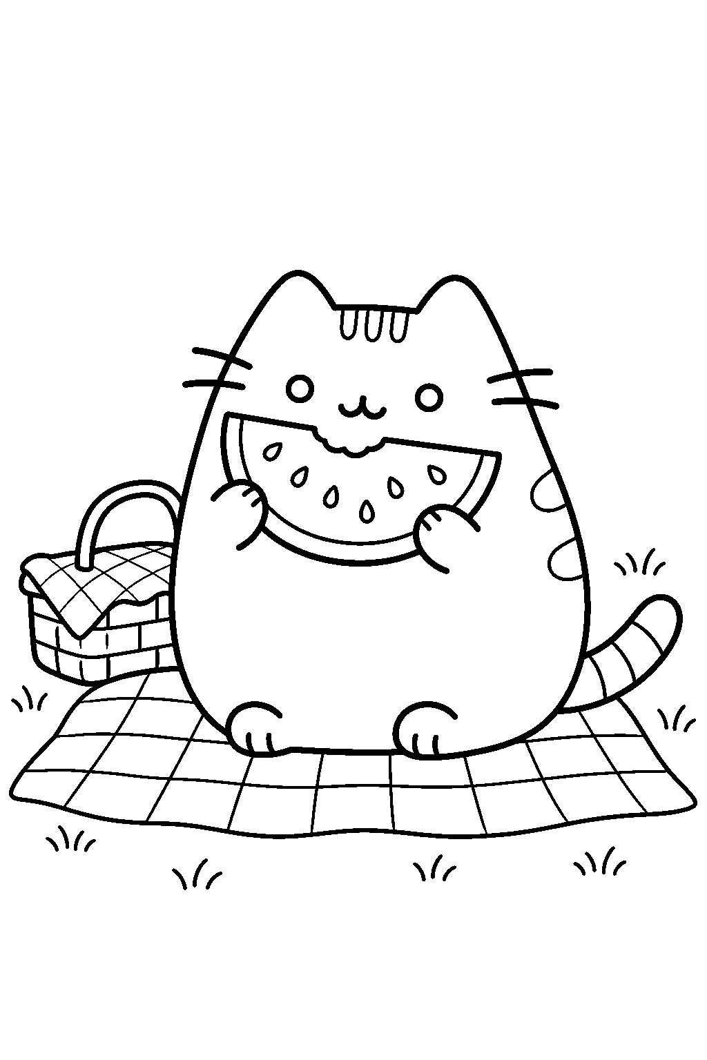 pusheen eating a watermelon slice at a picnic line art