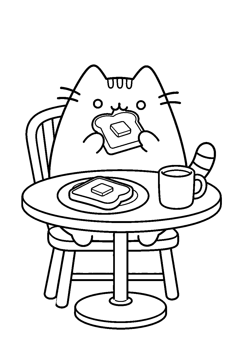 pusheen eating buttered toast at the breakfast table line art