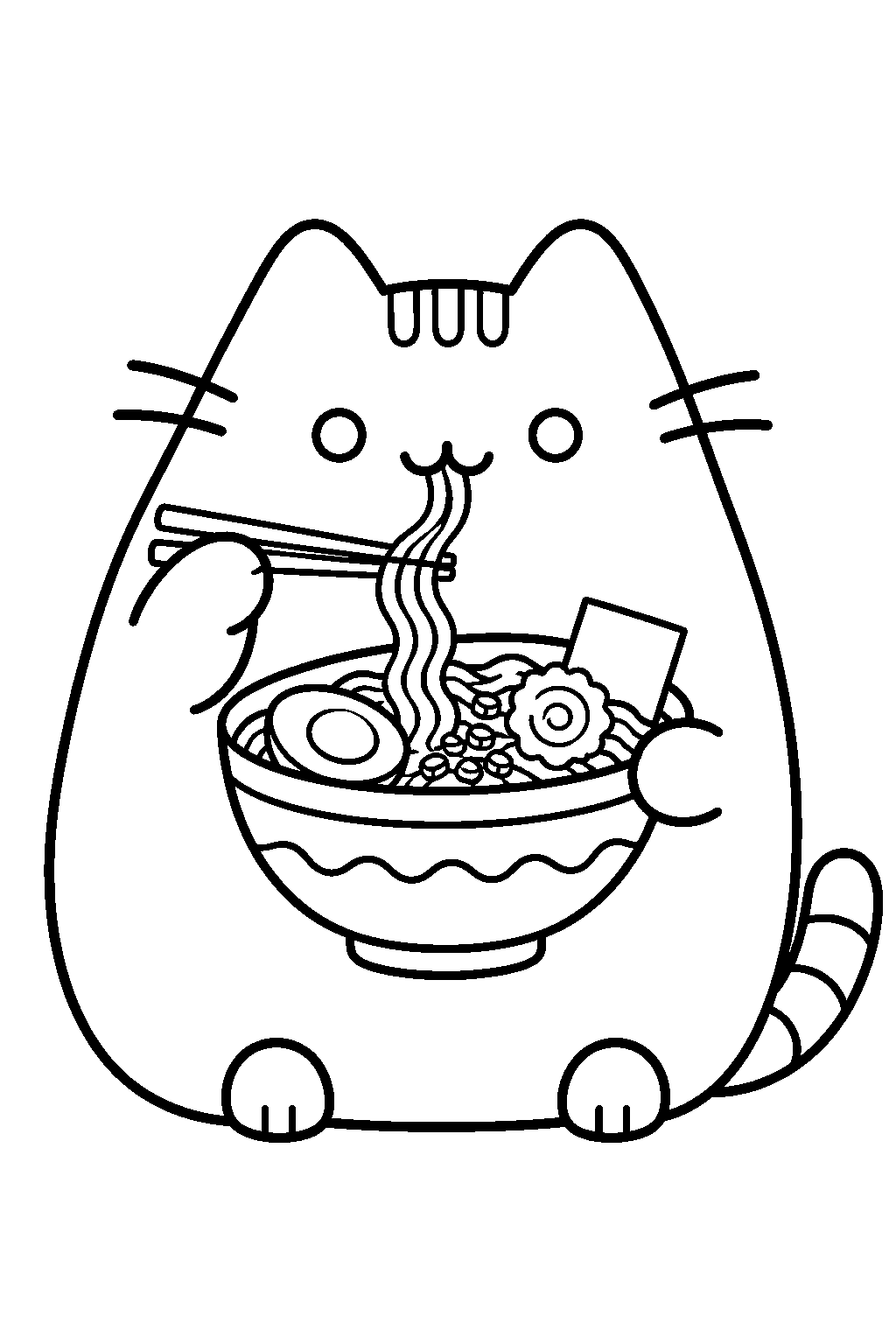 pusheen eating noodles from a ramen bowl line art