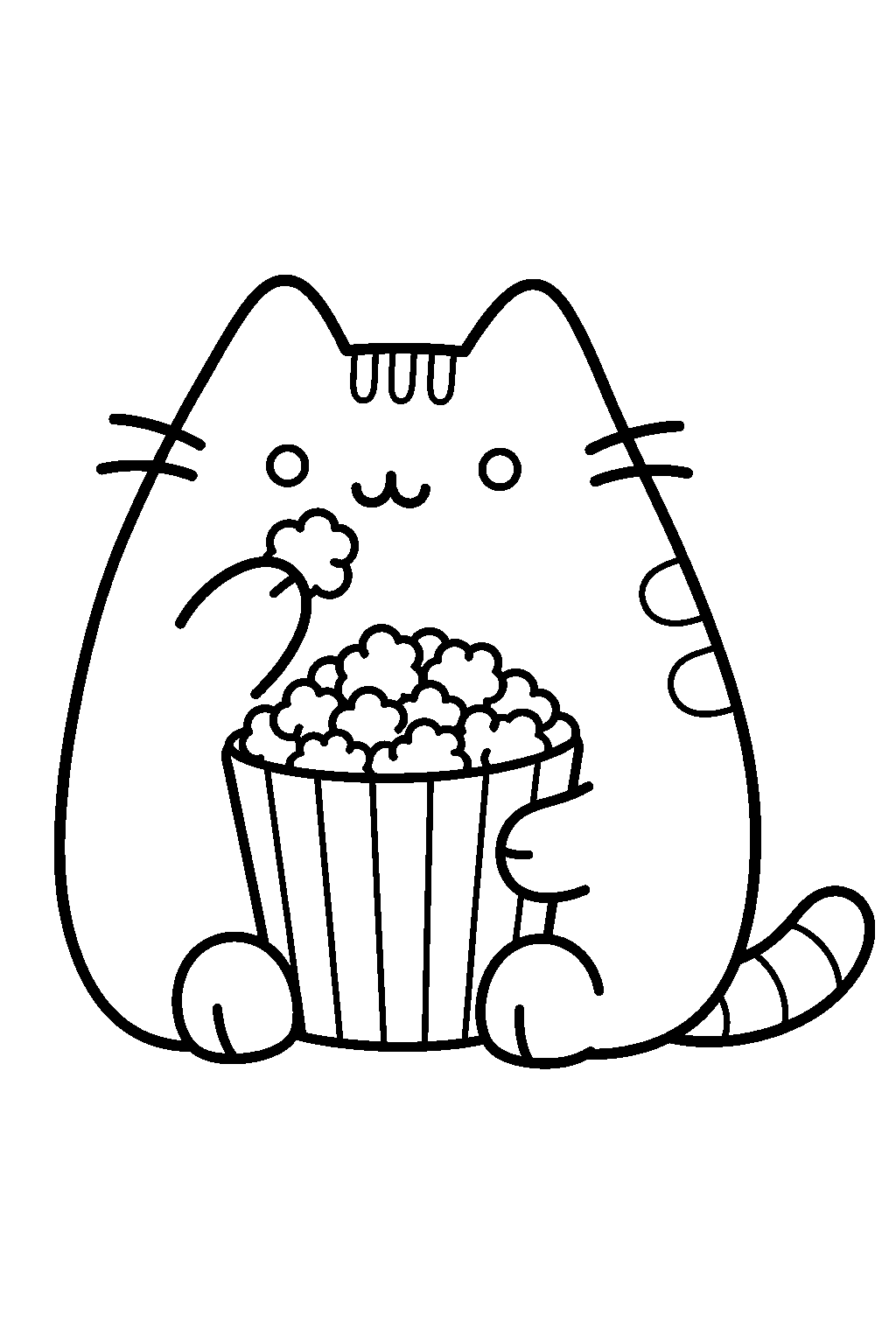 pusheen eating popcorn from a striped bucket line art