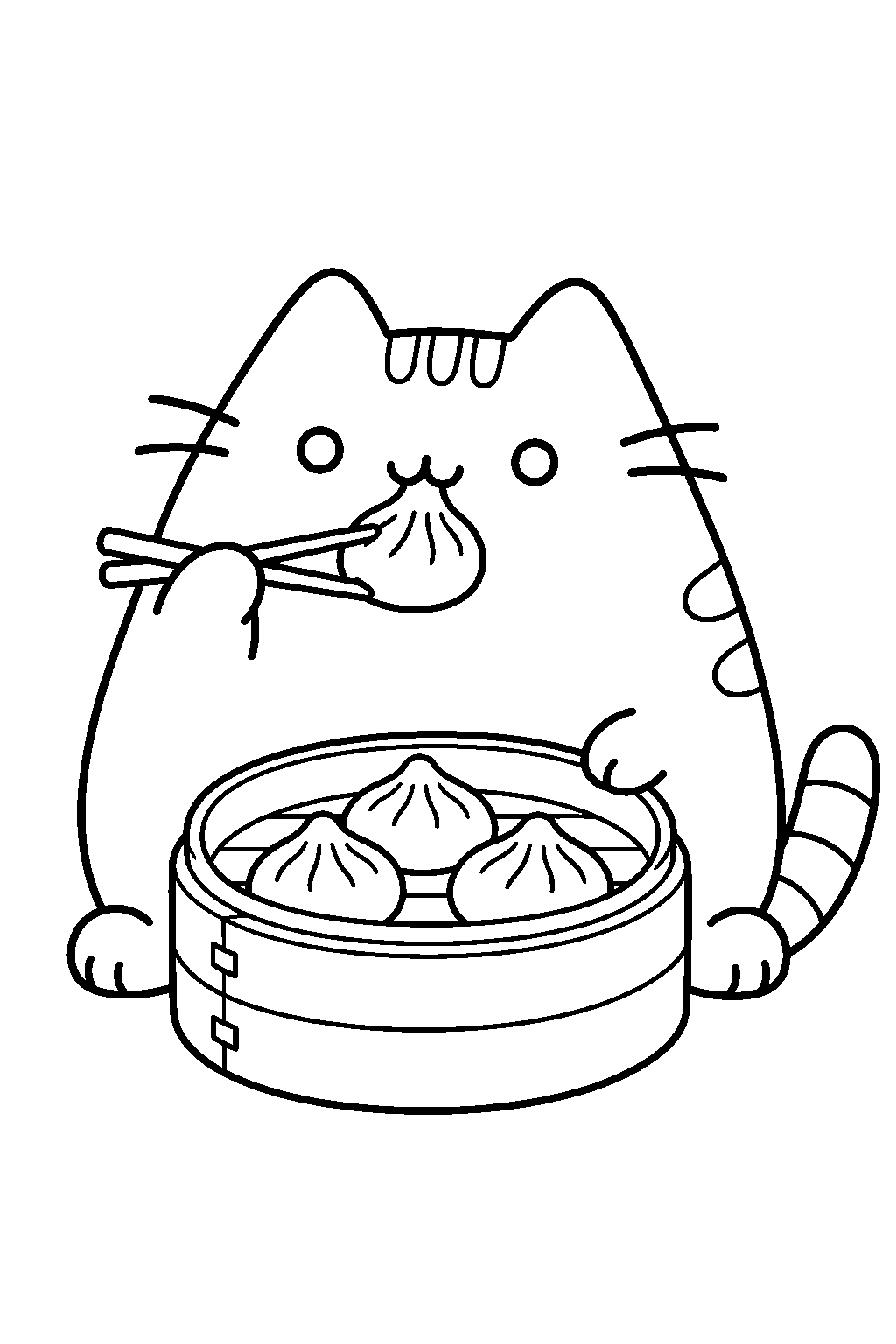 pusheen eating steamed dumplings from a bamboo steamer line art