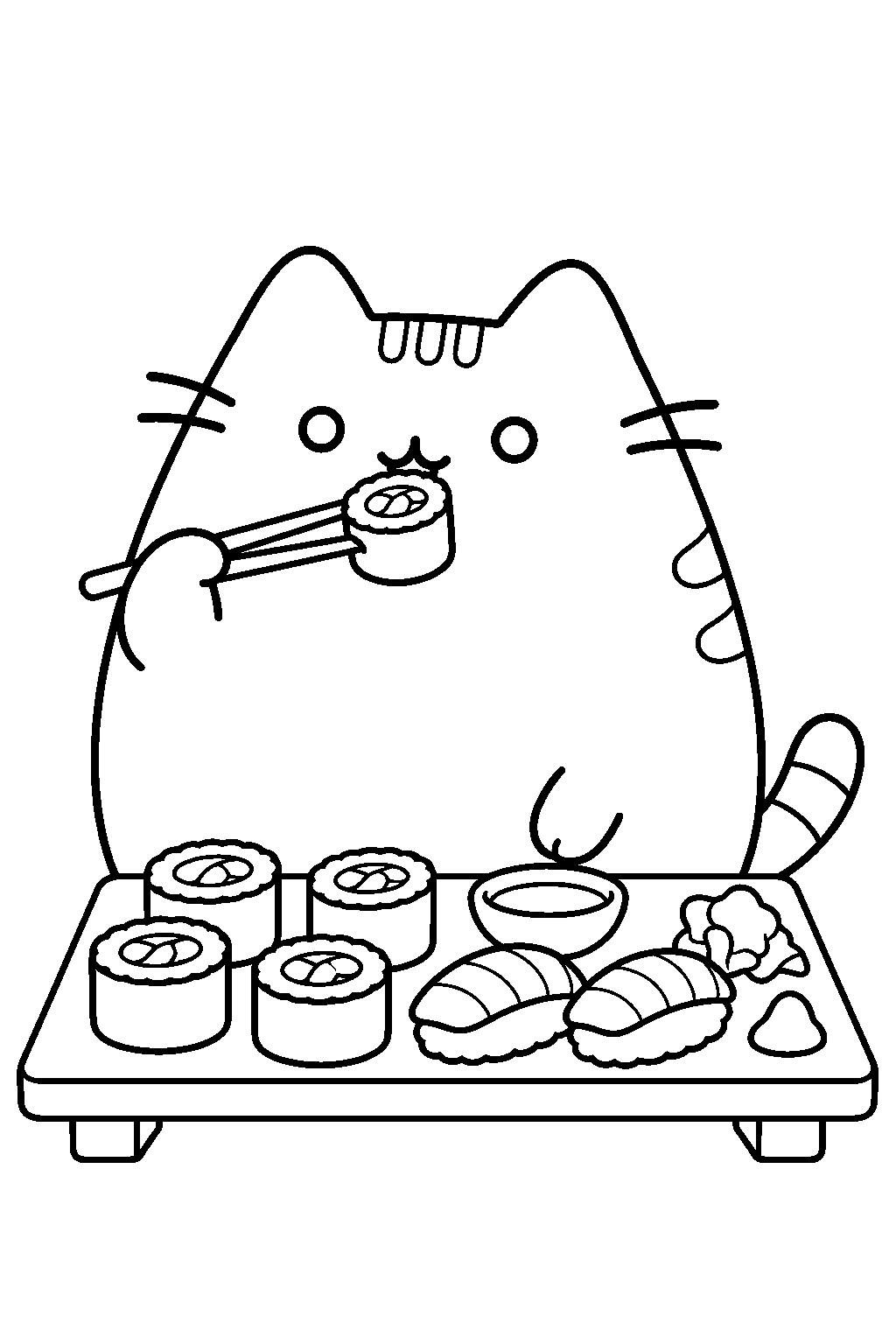 pusheen eating sushi rolls from a serving tray line art