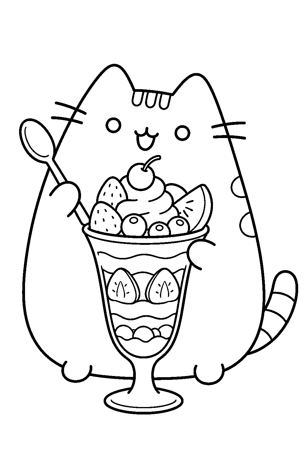 pusheen enjoying a fruit parfait in a tall dessert glass line art