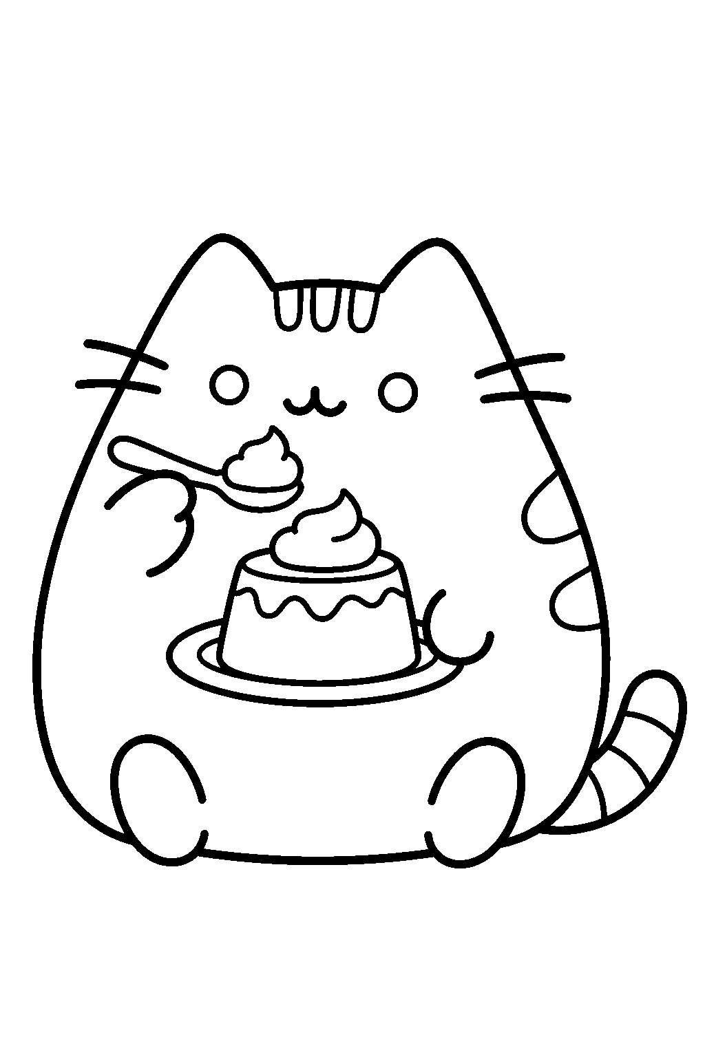 pusheen enjoying a pudding topped with whipped cream line art