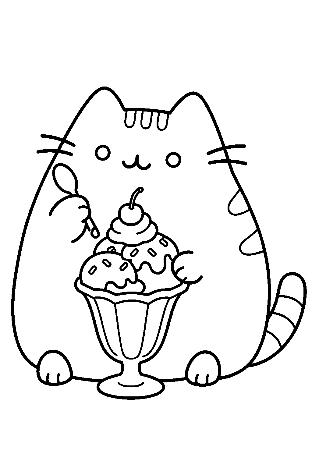pusheen enjoying an ice cream sundae topped with a cherry line art
