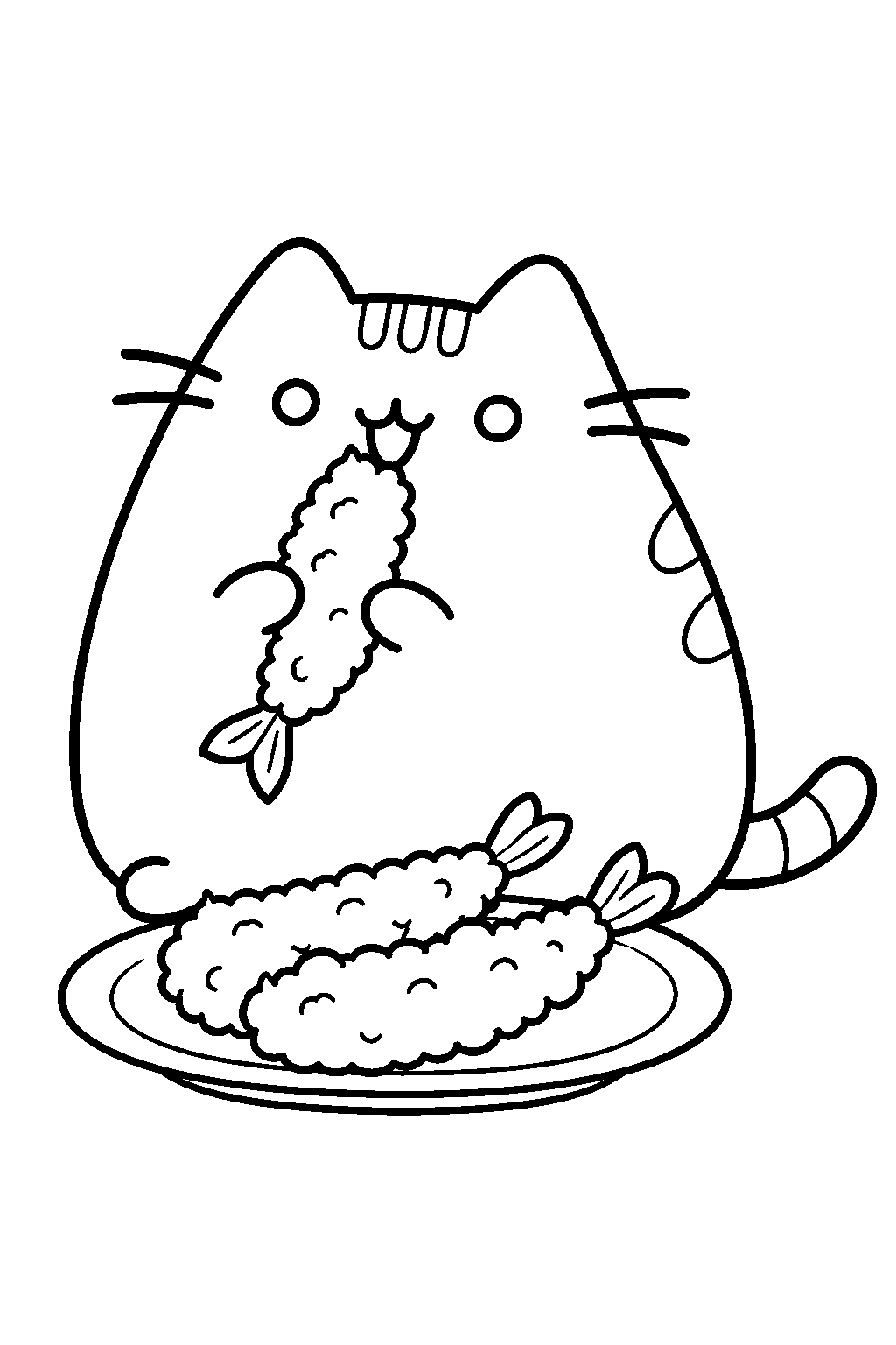 pusheen enjoying crispy shrimp tempura on a plate line art