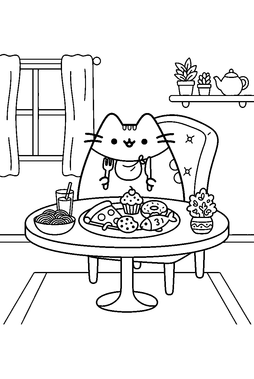 pusheen food in dining room line art