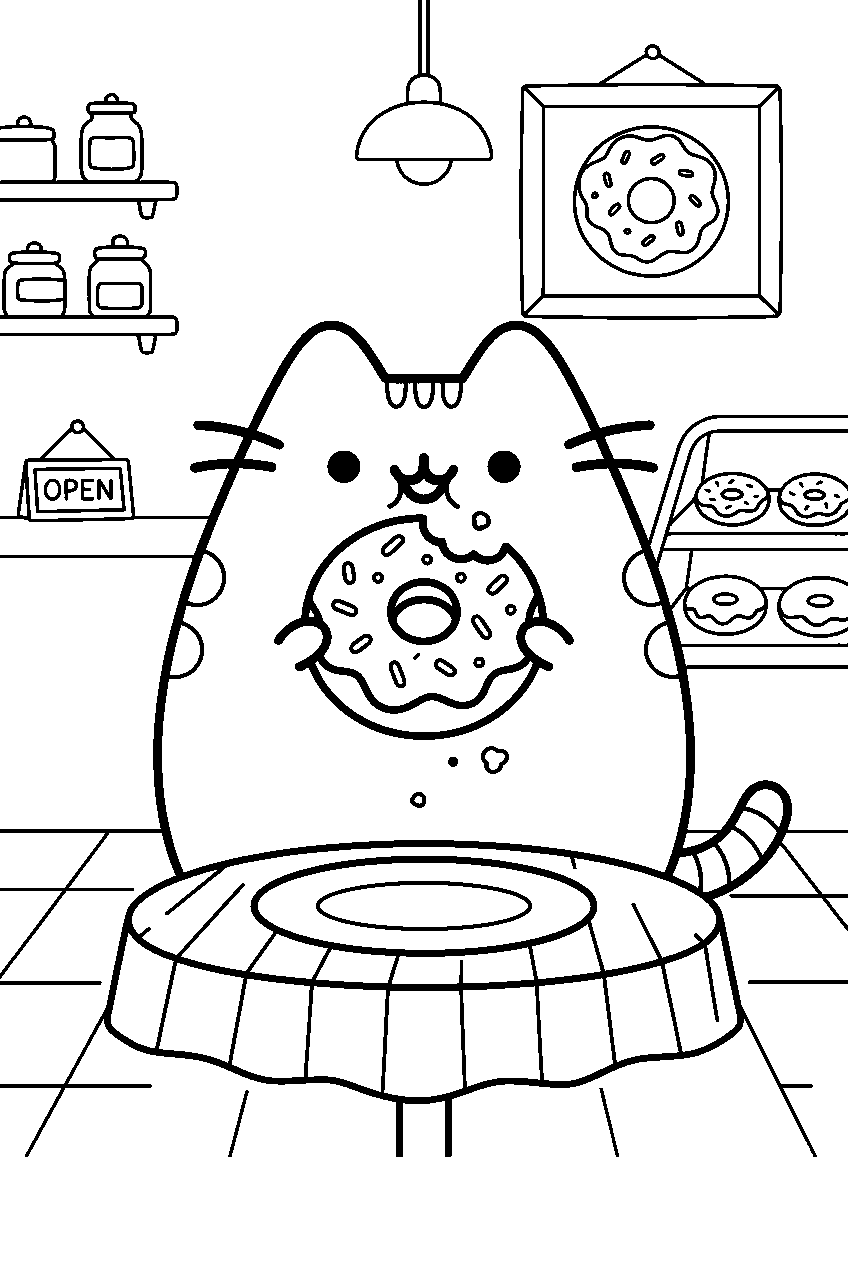 pusheen food in donut shop line art