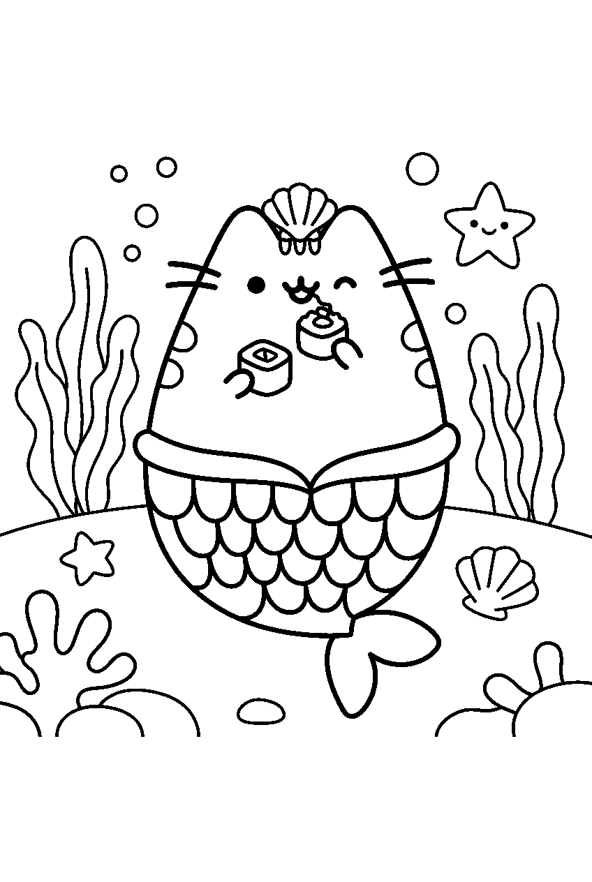pusheen food in mermaid lagoon line art