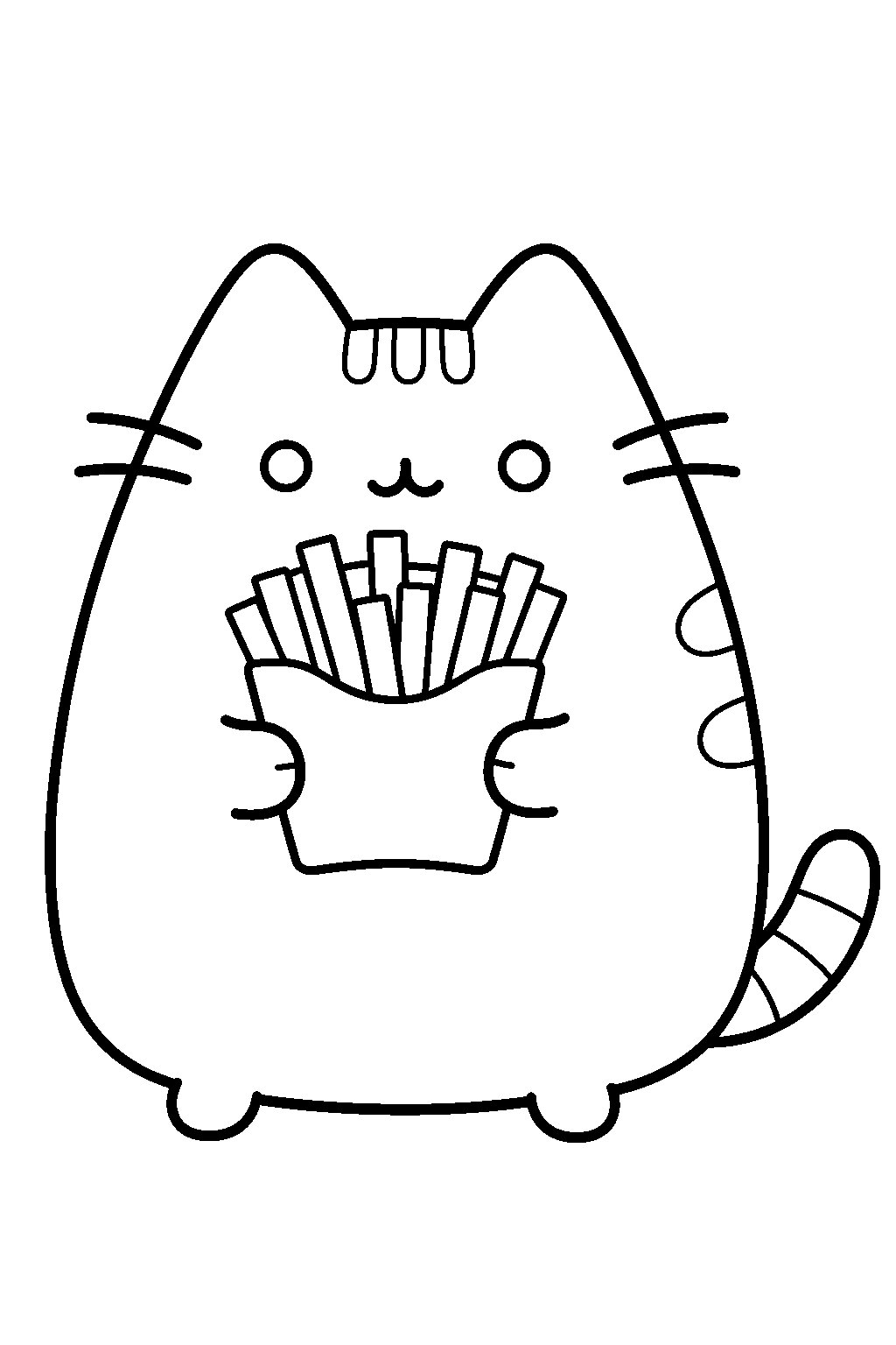 pusheen holding a carton of french fries line art