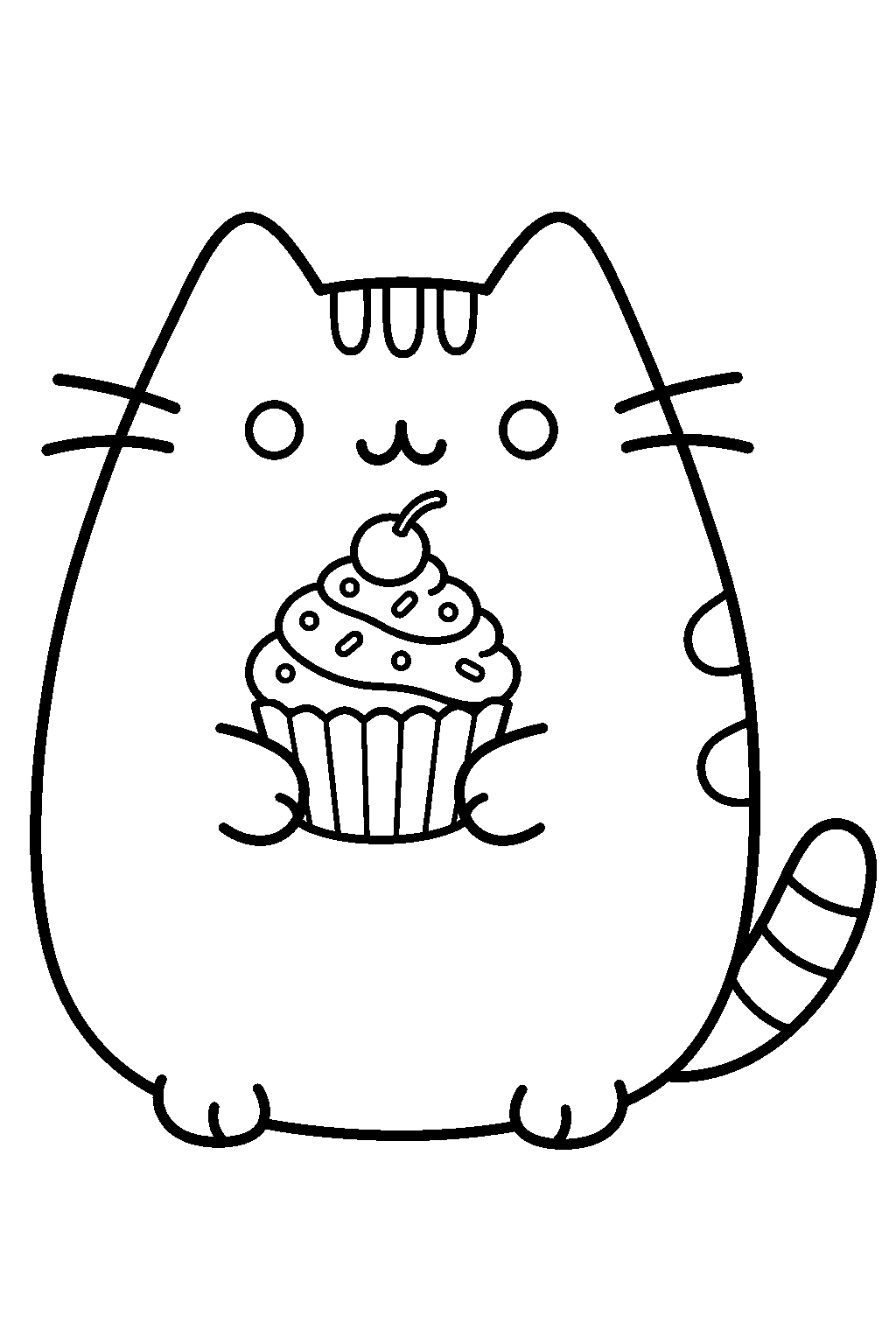 pusheen holding a cupcake topped with swirled frosting line art