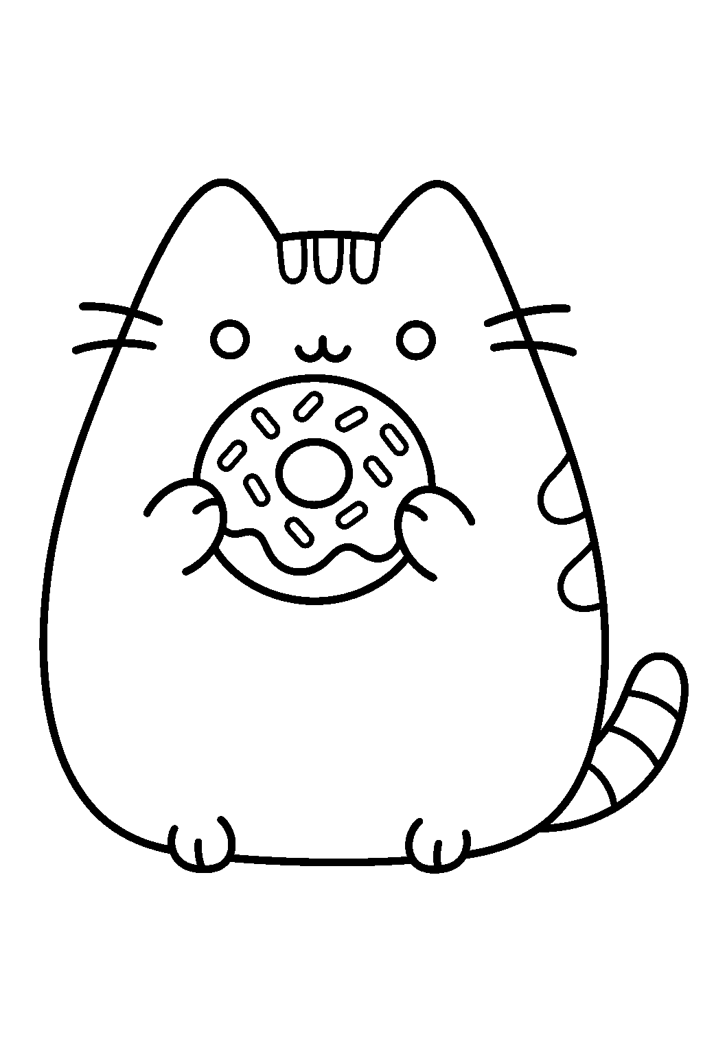 pusheen holding a frosted donut with sprinkles line art