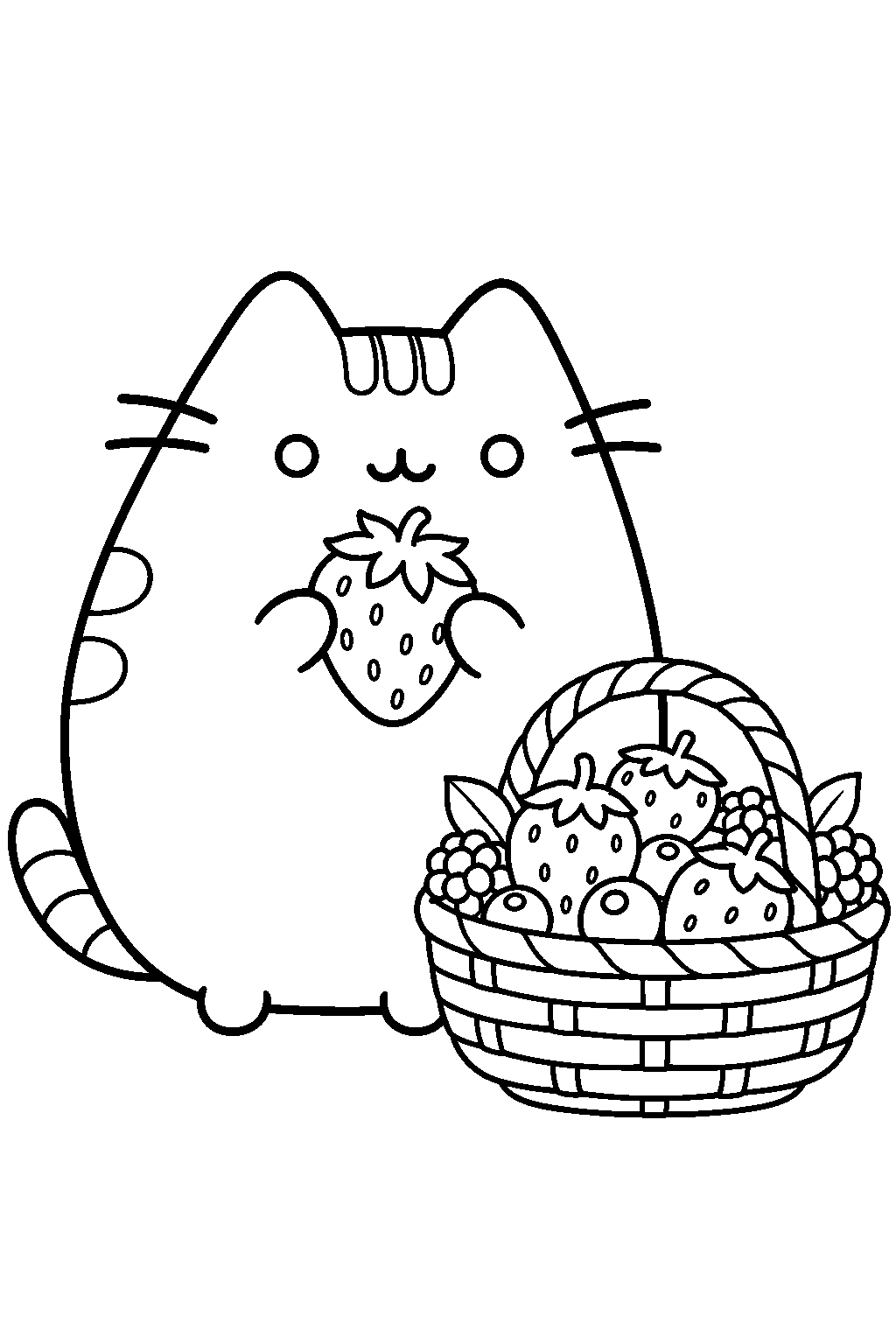 pusheen holding a strawberry beside a basket of fresh berries line art