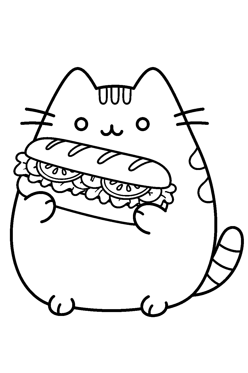 pusheen holding a sub sandwich filled with lettuce and tomato line art