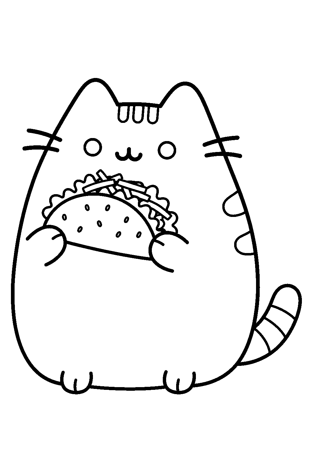 pusheen holding a taco filled with lettuce and cheese line art