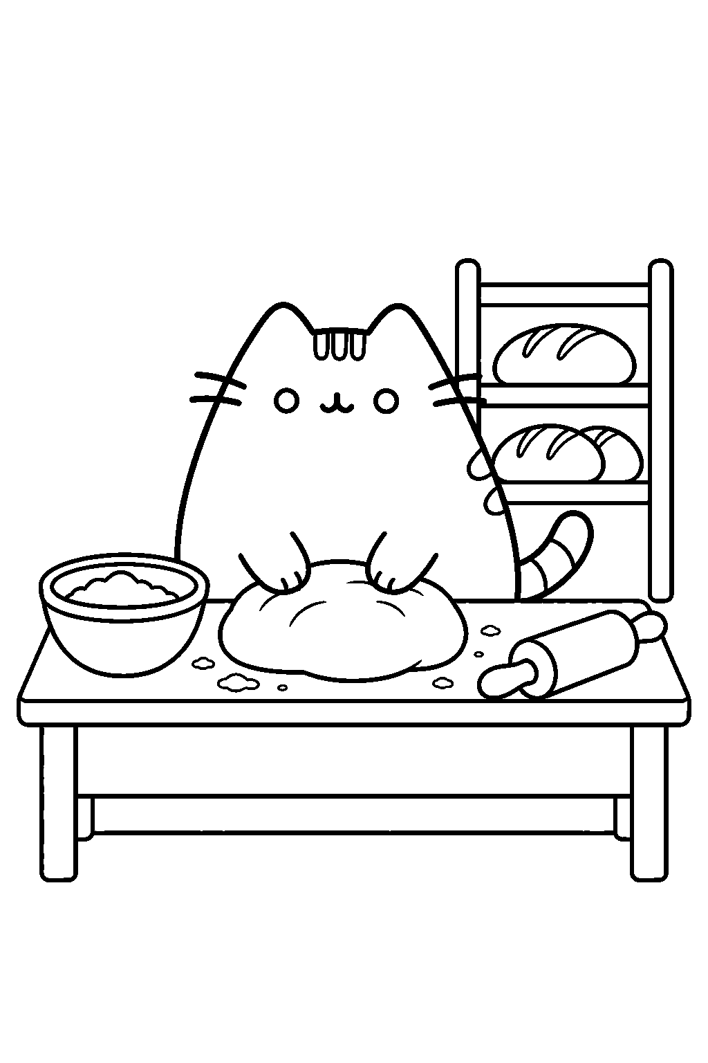 pusheen kneading bread dough on a bakery counter line art