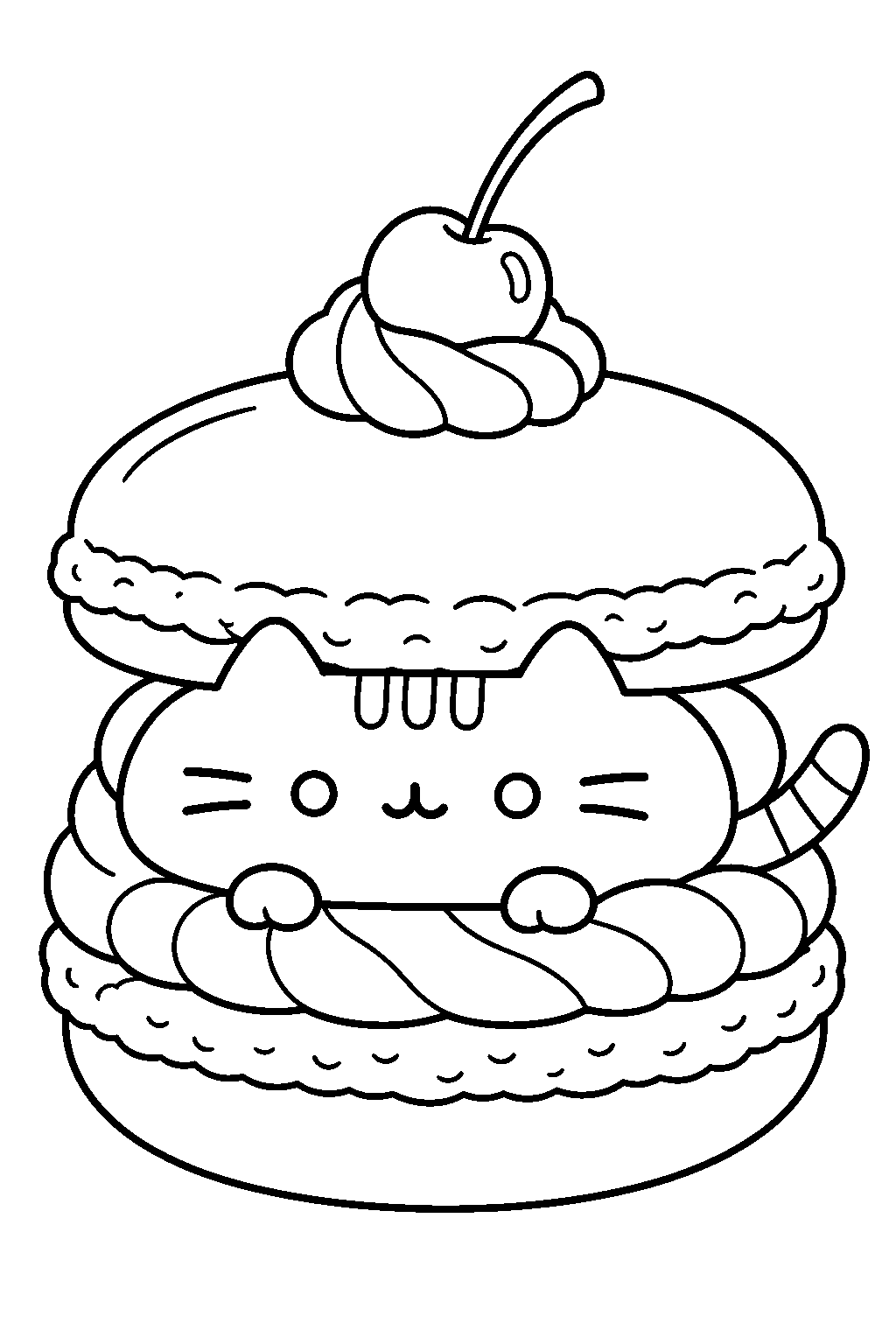 pusheen nestled inside a cherry macaron with cream filling line art