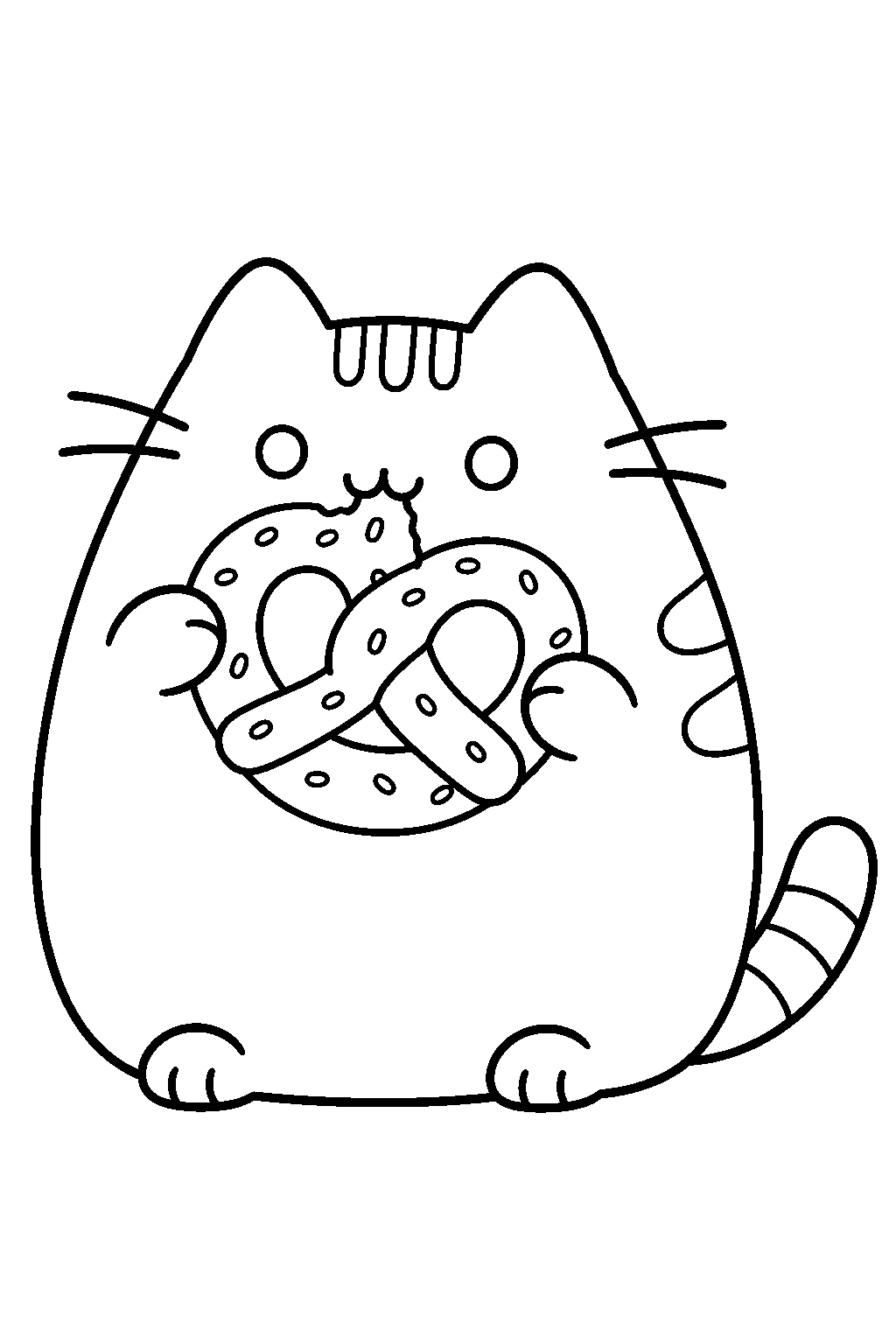 pusheen nibbling a soft pretzel line art