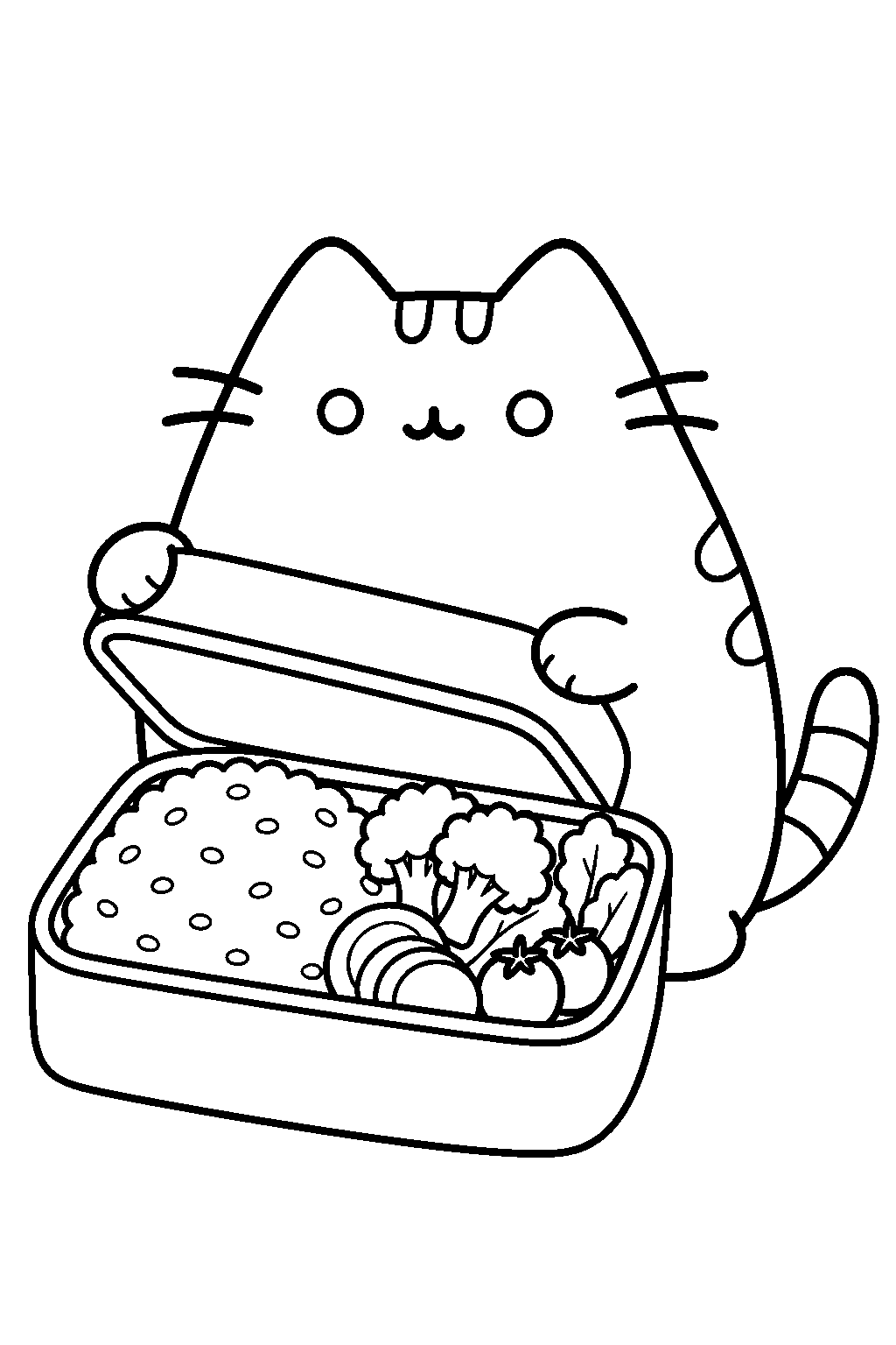 pusheen opening a bento box filled with rice and vegetables line art