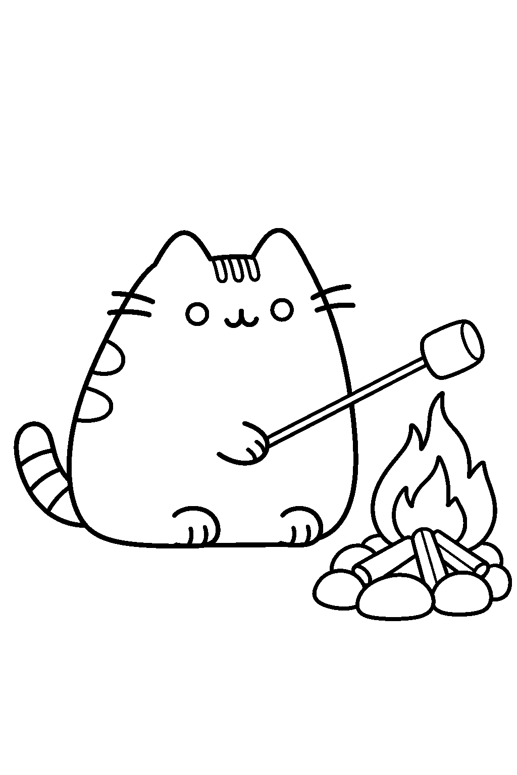 pusheen roasting a marshmallow over a small campfire line art