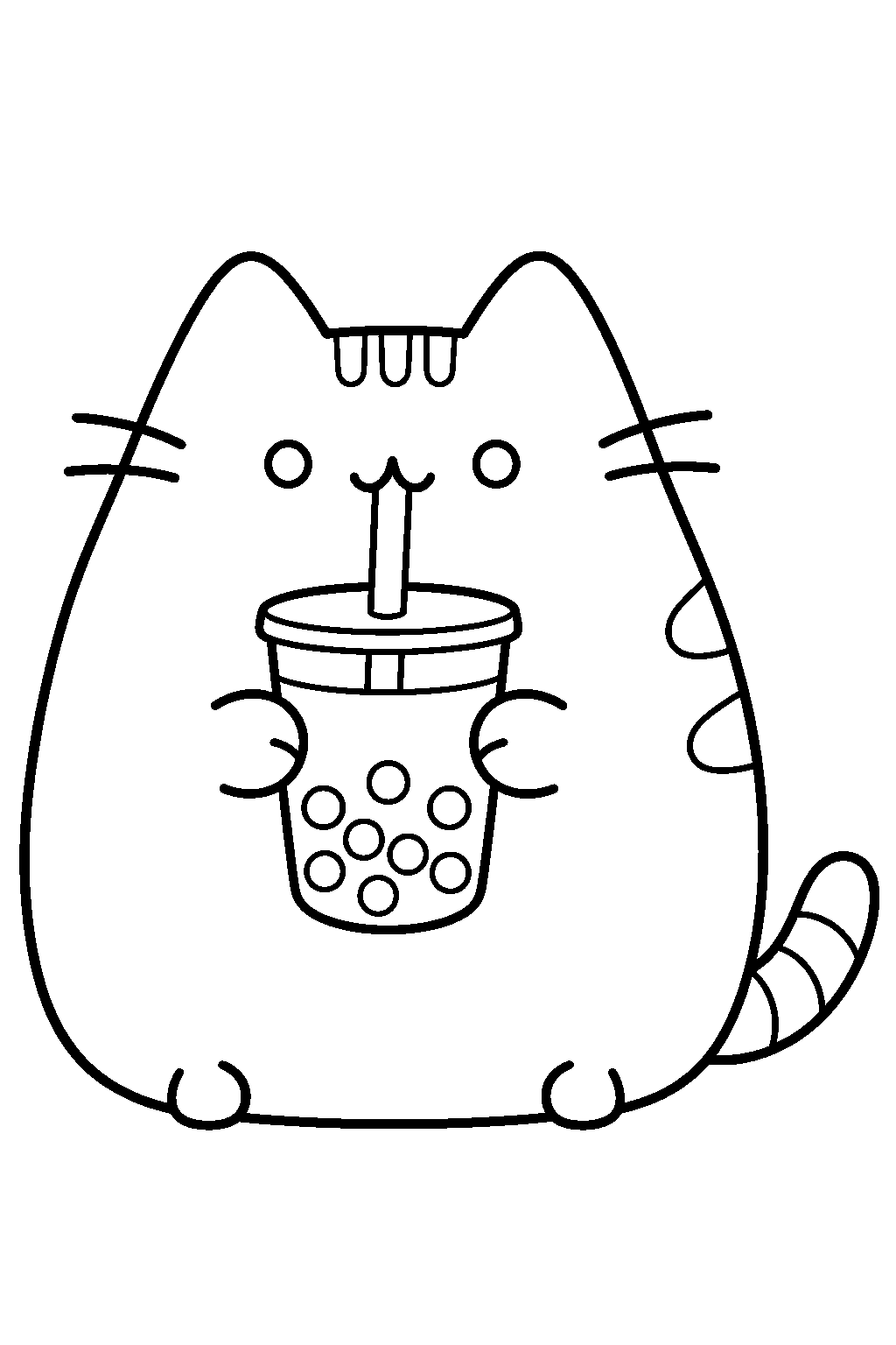 pusheen sipping boba tea through a straw line art