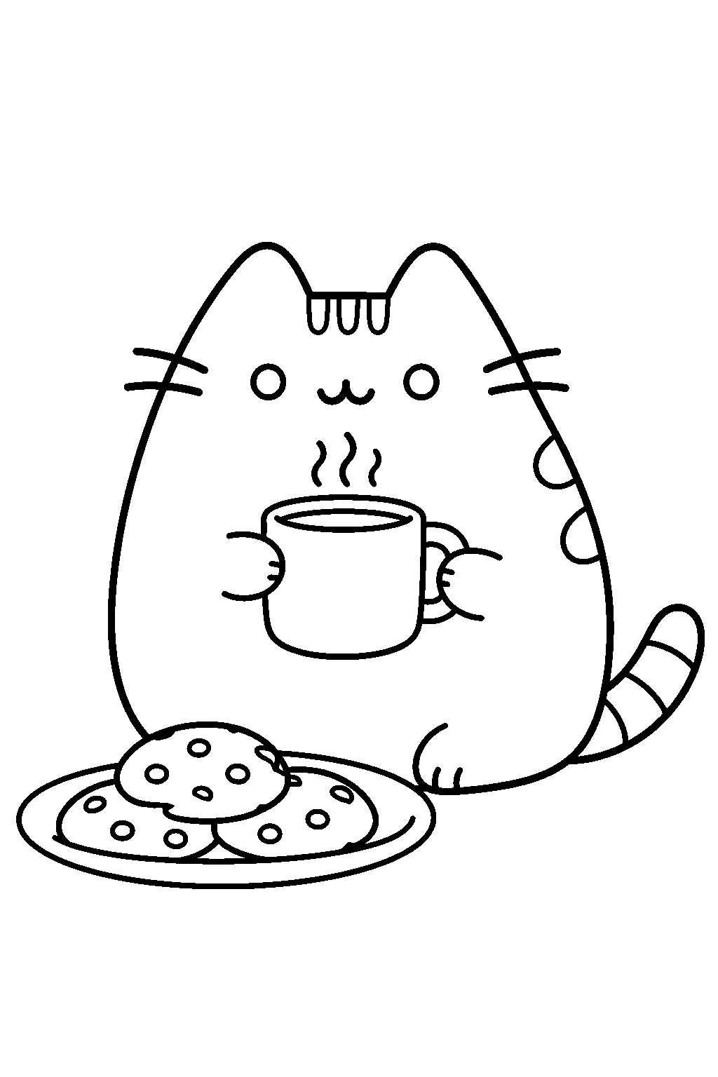 pusheen sipping coffee beside a plate of cookies line art