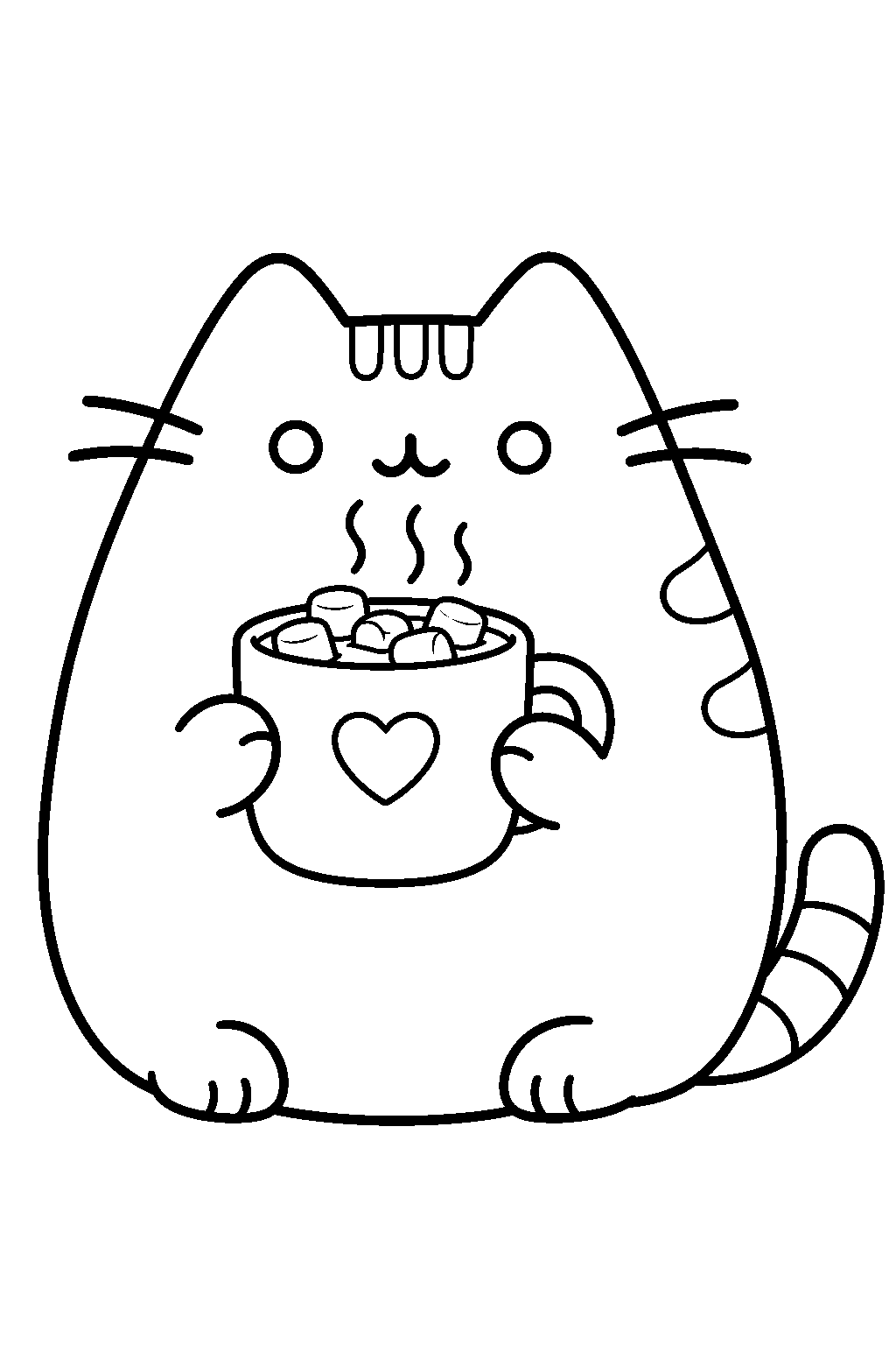 pusheen sipping hot cocoa topped with marshmallows line art