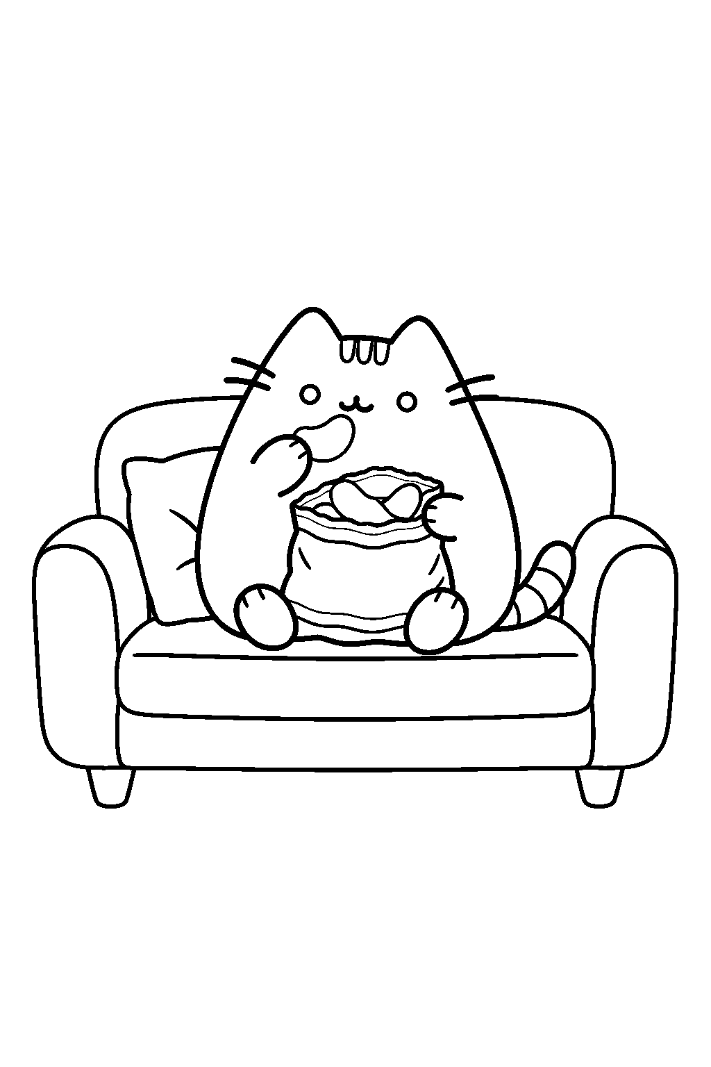 pusheen snacking on potato chips while sitting on a sofa line art