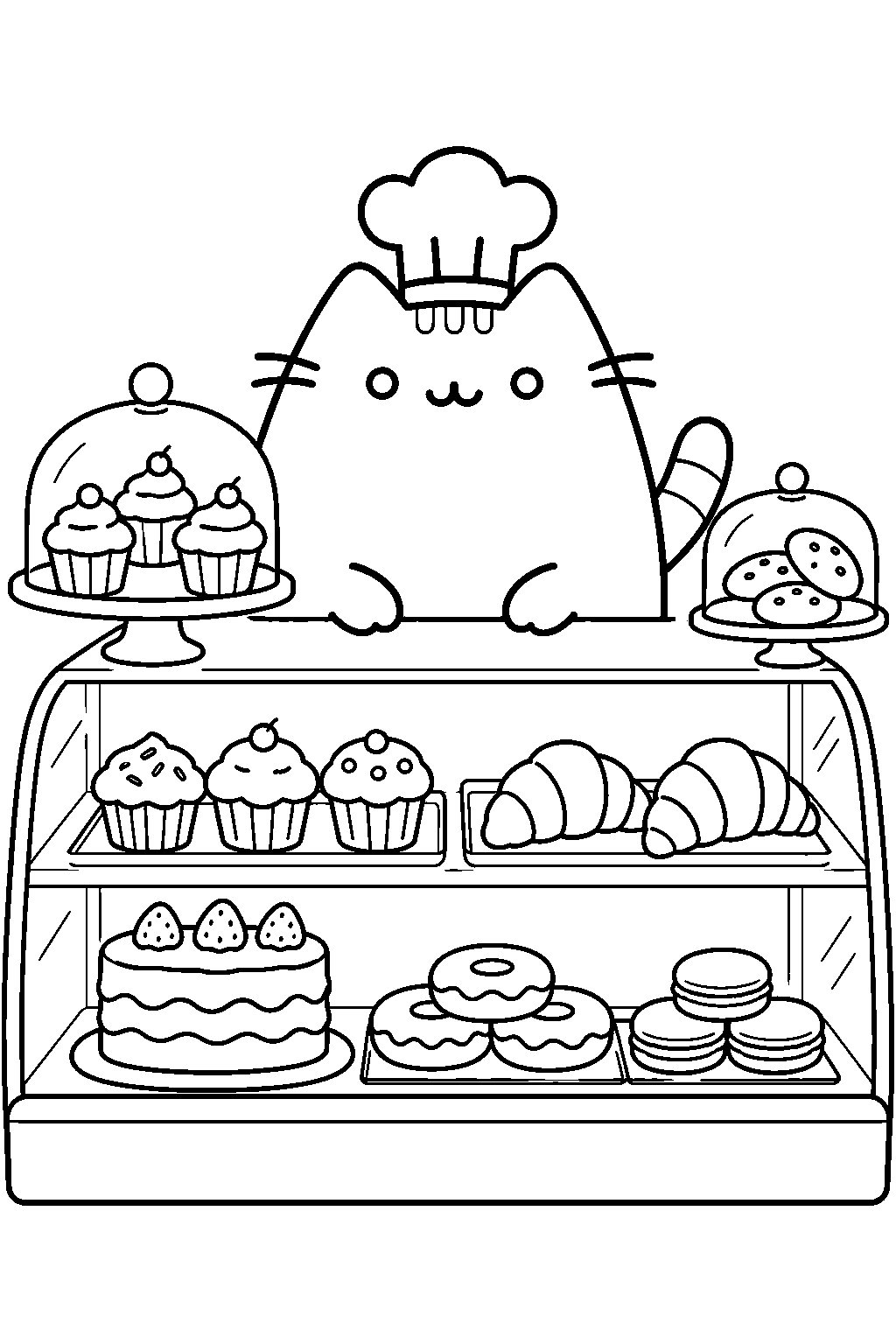 pusheen wearing a chef hat behind a bakery display of pastries line art