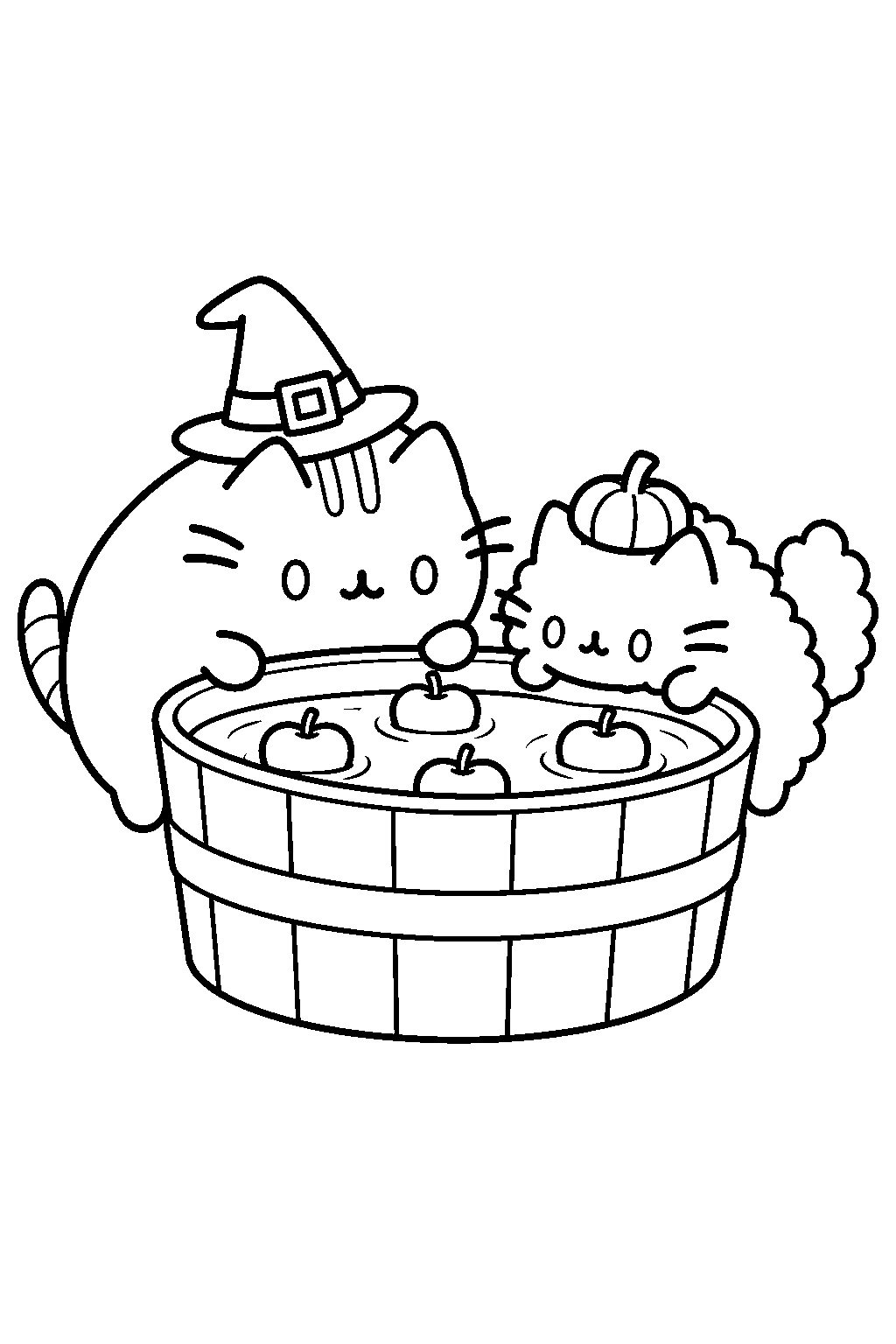 pusheen and stormy bobbing for apples at a halloween party line art