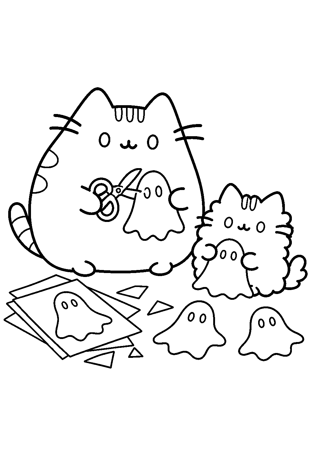 pusheen and stormy making paper ghosts for halloween decorations line art