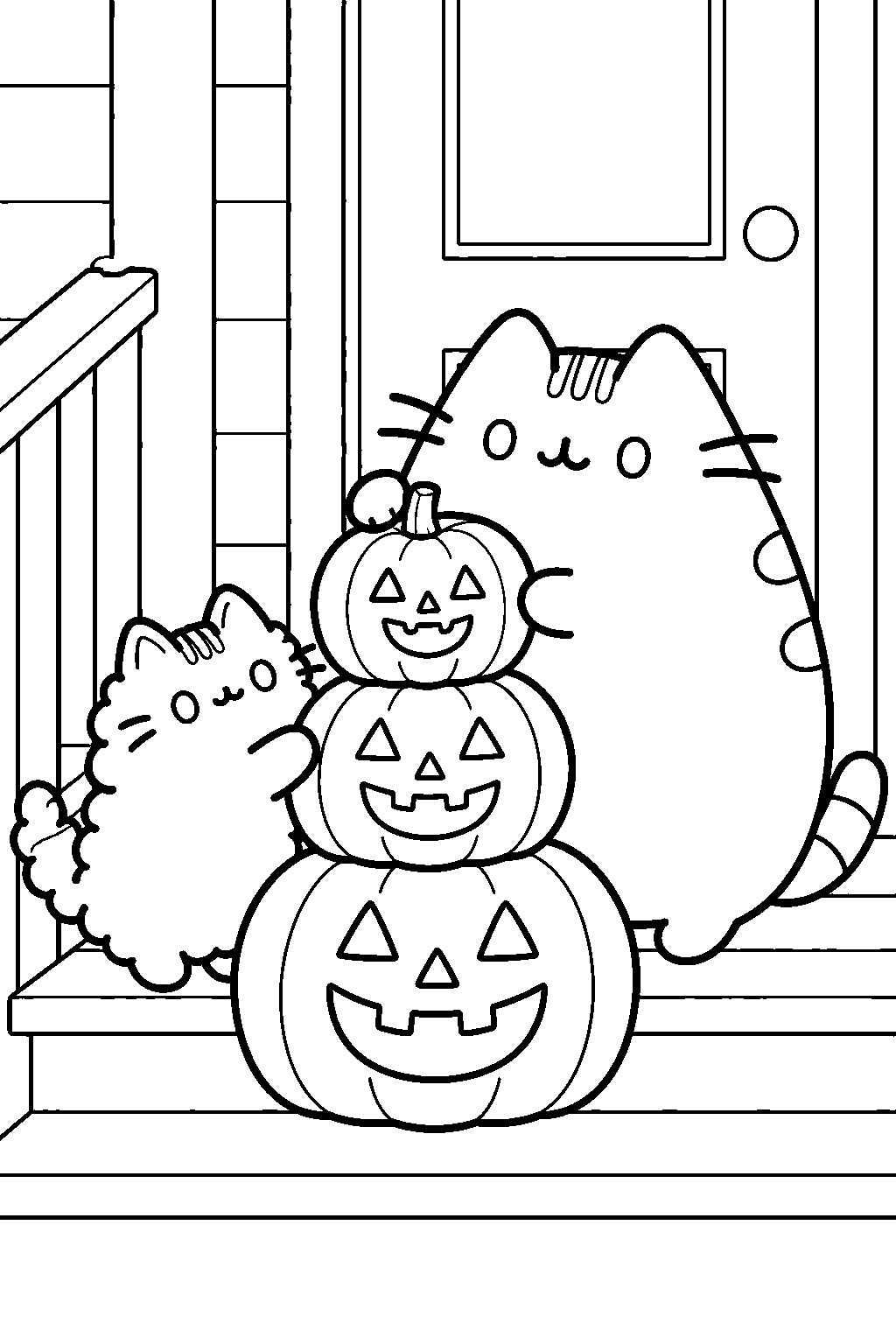 pusheen and stormy stacking carved pumpkins beside the front porch line art