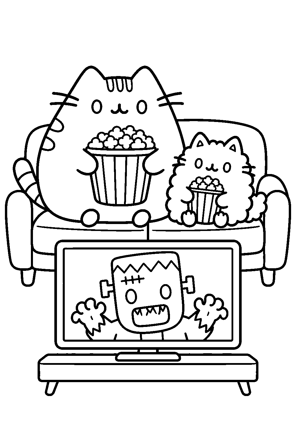 pusheen and stormy watching a halloween monster movie with popcorn line art