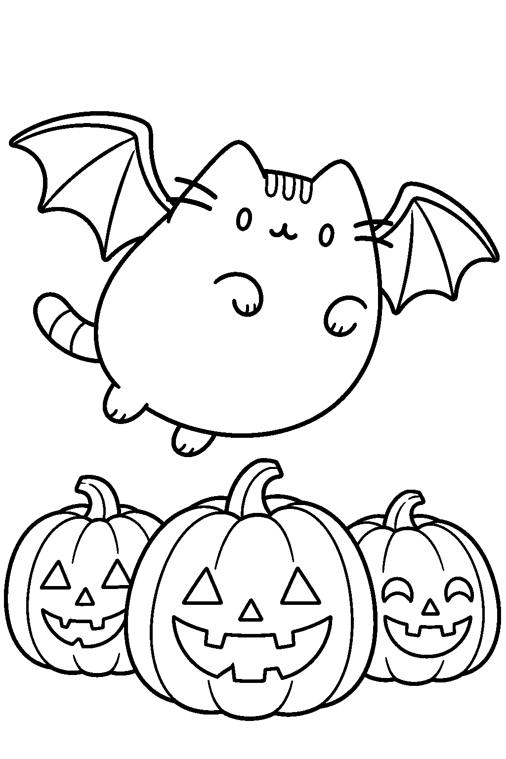 pusheen as batsheen flying above halloween pumpkins line art