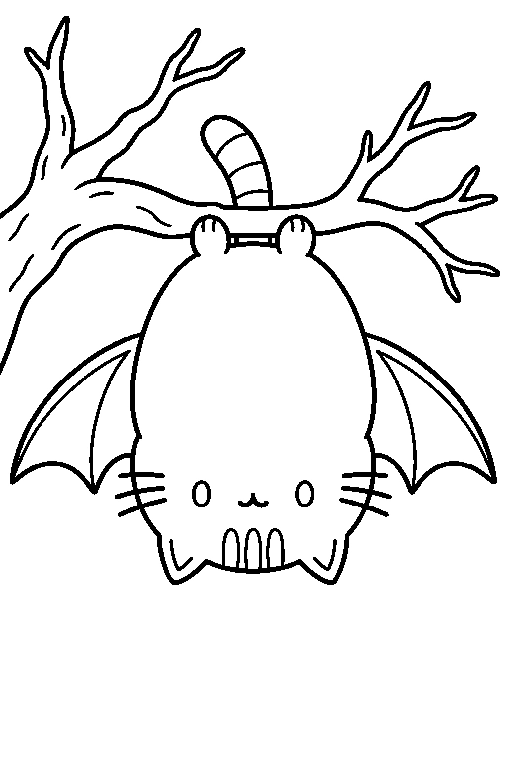 pusheen as batsheen hanging upside down from a bare tree branch line art