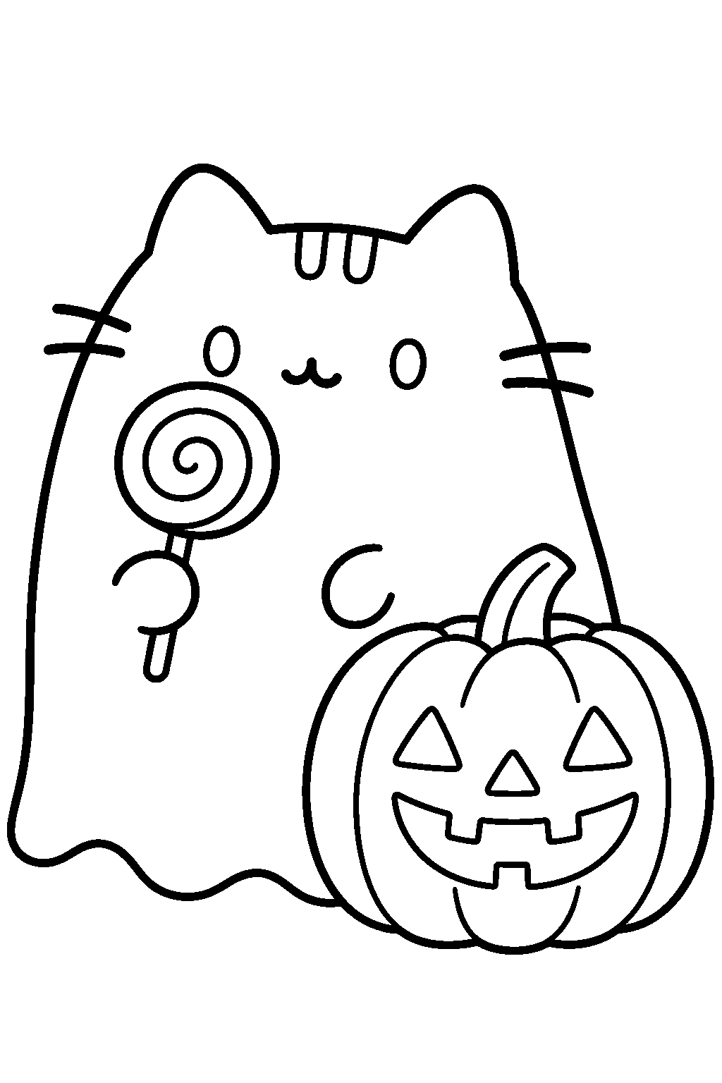 pusheen as boosheen enjoying a lollipop beside a jack o lantern line art