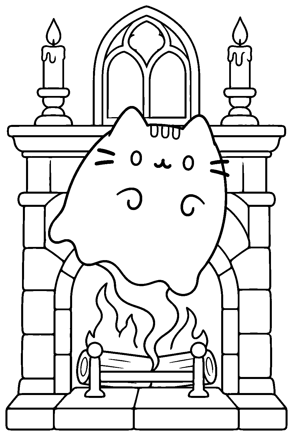 pusheen as boosheen floating out of a haunted house fireplace line art