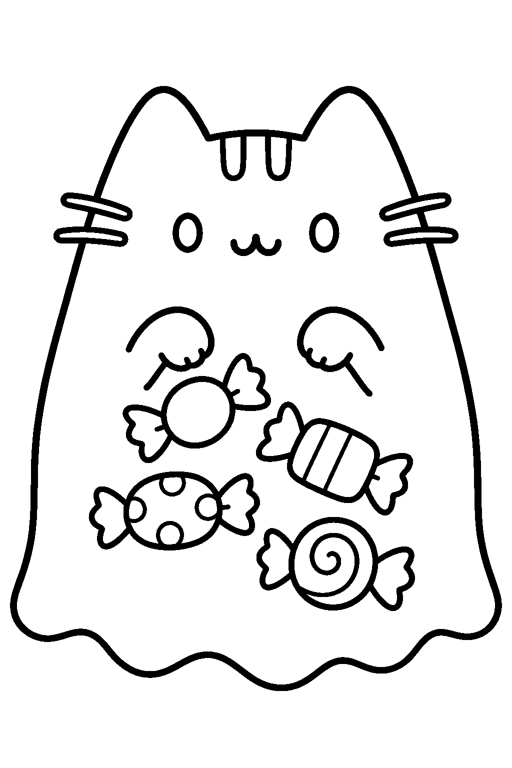 pusheen as boosheen with halloween candy inside her ghostly belly line art