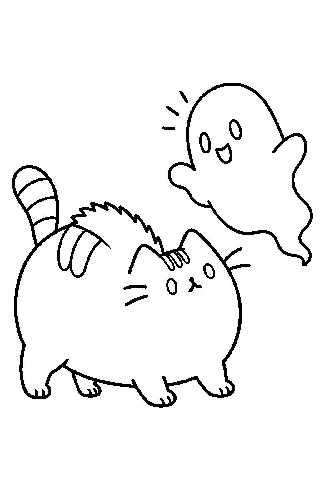 pusheen as scaredy cat arching her back at a friendly ghost line art