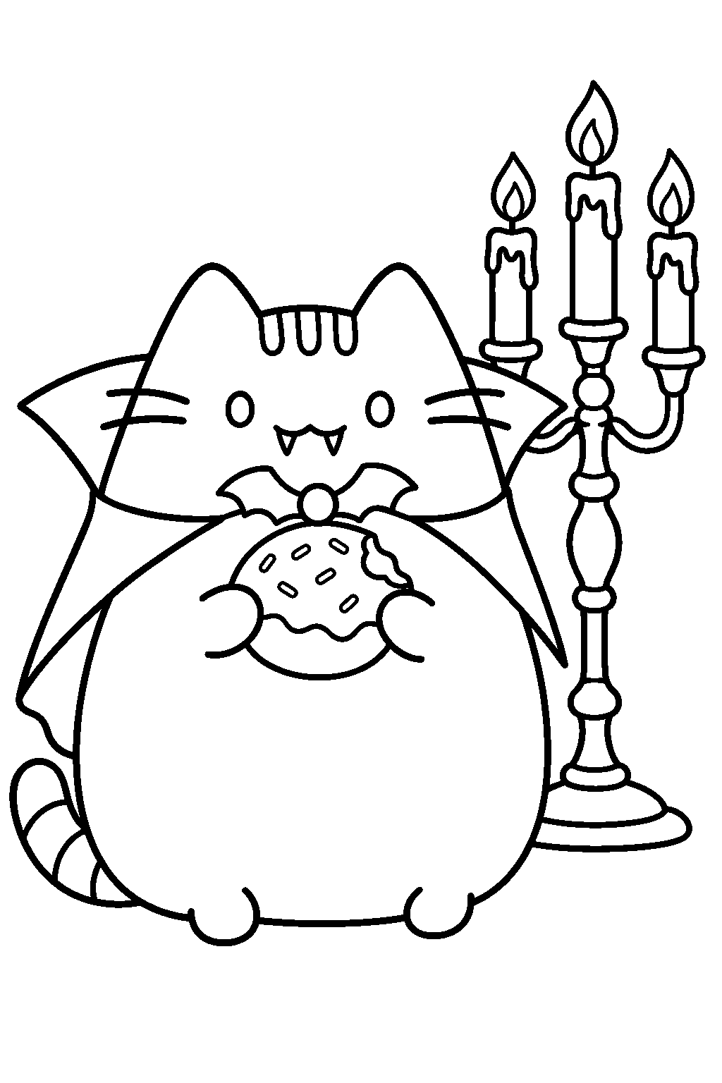 pusheen as vampurr eating a jelly donut beside a candelabrum line art